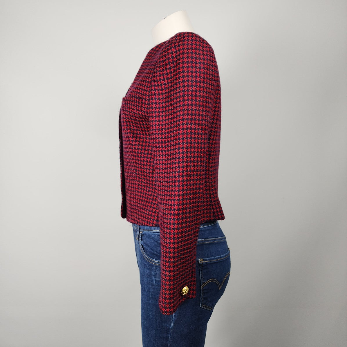 Vintage Franco-Louise Red Wool Houndstooth Button Up Jacket Size 4