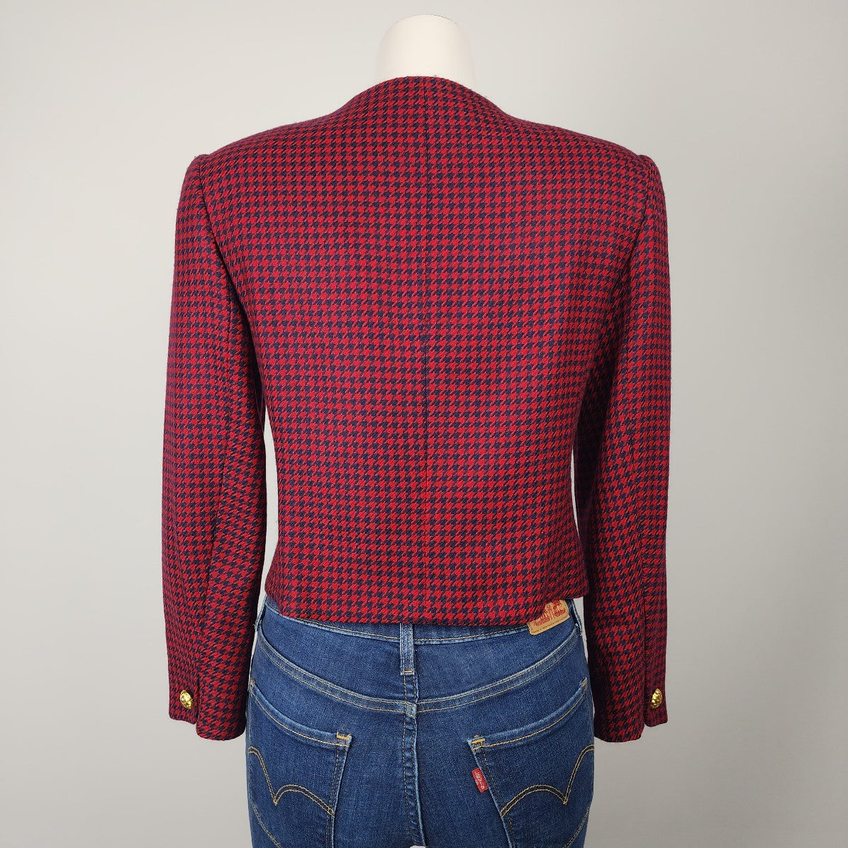 Vintage Franco-Louise Red Wool Houndstooth Button Up Jacket Size 4