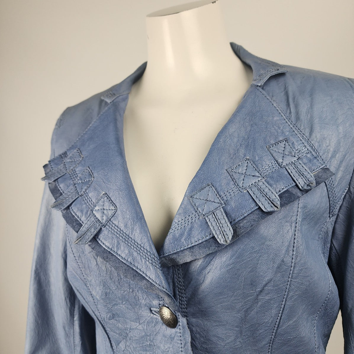 Danier Blue Leather Button Up Jacket Size S