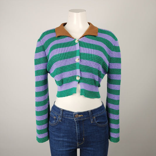 Green & Purple Knit Collared Button Up Cropped Cardigan Size S