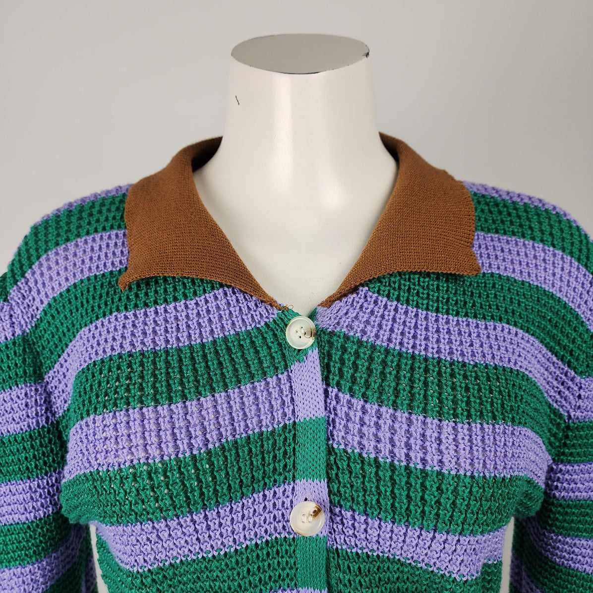 Green & Purple Knit Collared Button Up Cropped Cardigan Size S