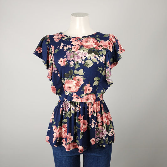 Reborn J Navy Floral Ruffle Sleeve Top Size S