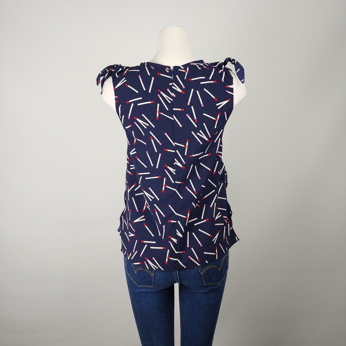 Molly Bracken Navy Blue Matchstick Print Sleeveless Blouse Size S