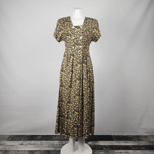 Vintage Yellow Flower Midi Dress Size S/M