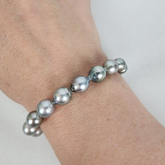 Silver Metallic Fresh Water Pearl Beaded Bracelet Sterling Clasp