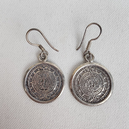 Mexico 925 Silver Mayan Calendar Drop Earrings