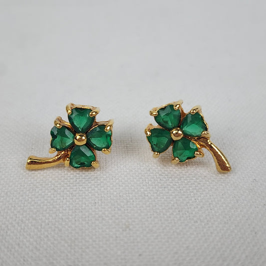 Vintage Gold Tone Green Four Leaf Clover Stud Earrings