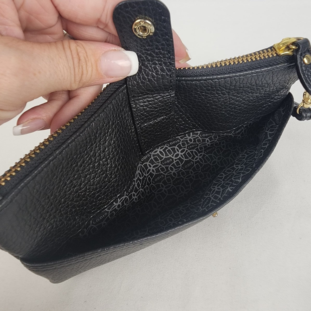 Lodis Black Leather Wristlet Clutch