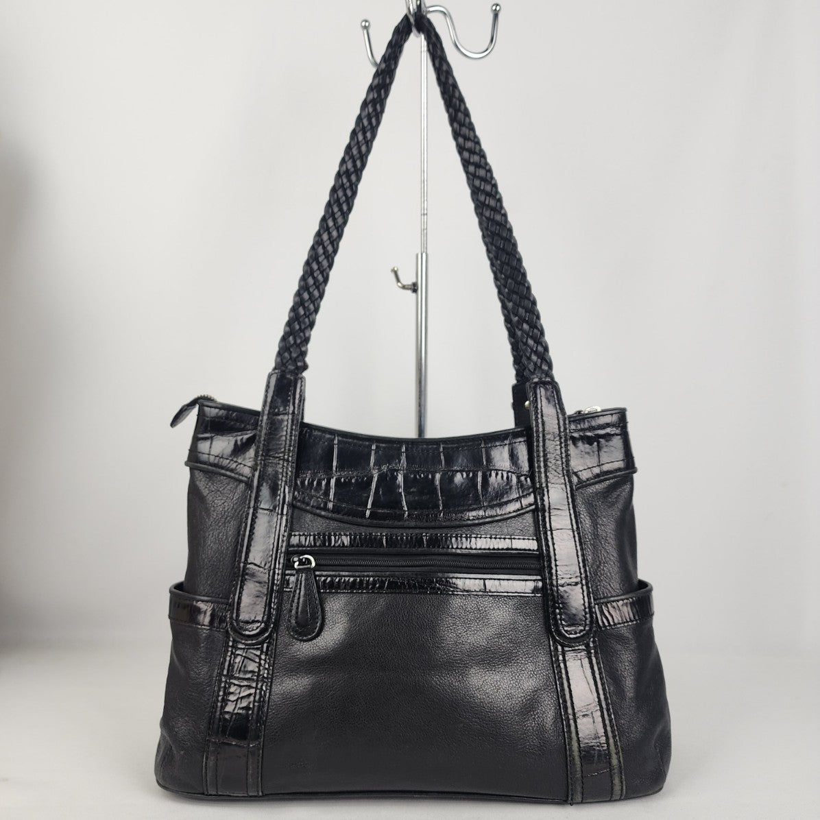 Brighton Black Leather Croc Print Tote Purse