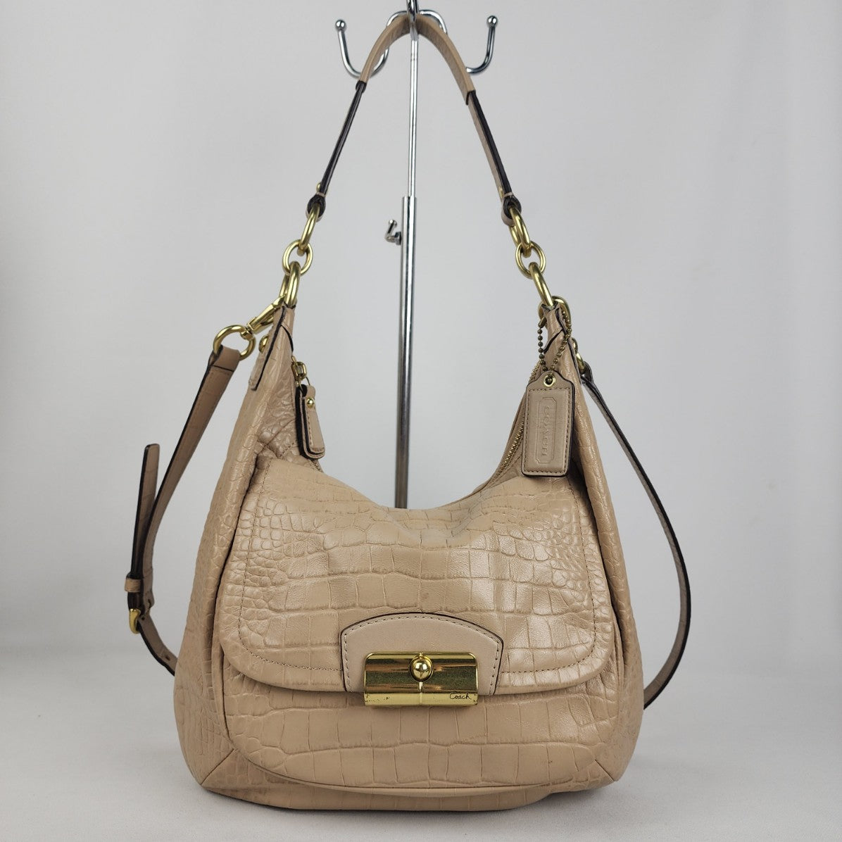 Coach Kristen Beige Croc Embossed Leather Hobo Bag