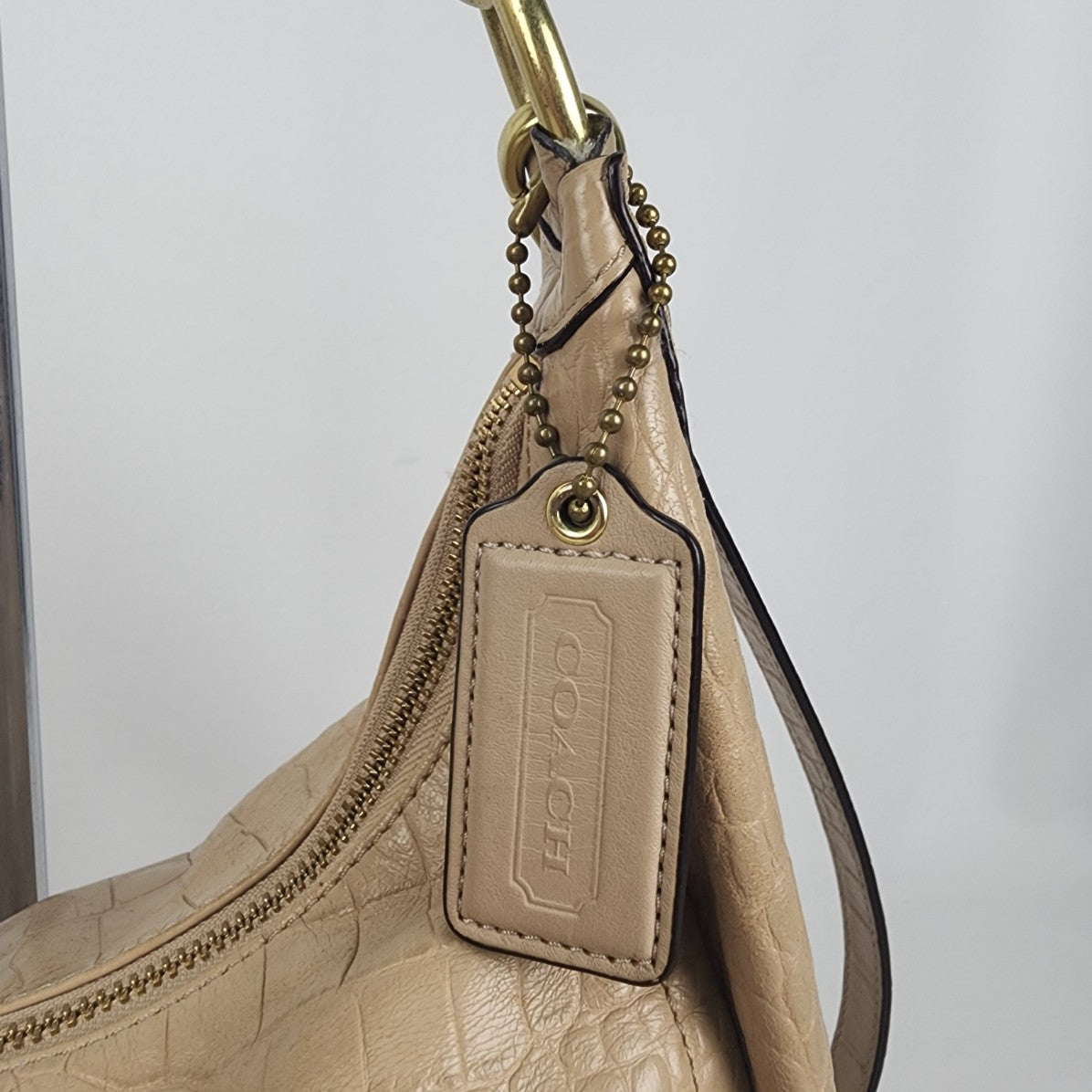 Coach Kristen Beige Croc Embossed Leather Hobo Bag