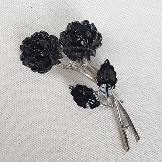 Vintage Silver & Black Flower Brooch