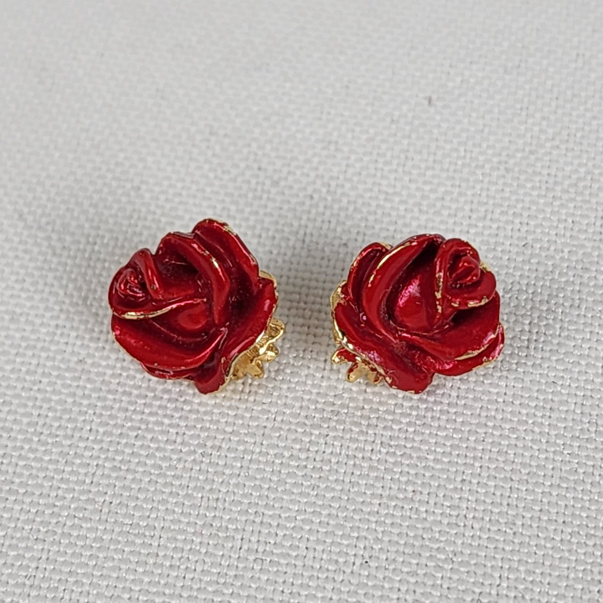 Vintage Red Rose Bud Stud Earrings