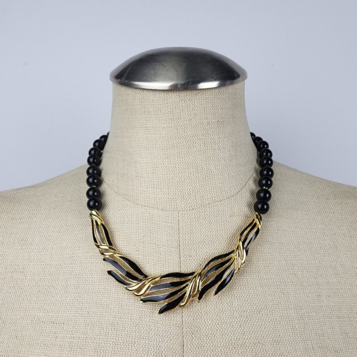 Vintage Gold Tone Black Beaded Collar Necklace