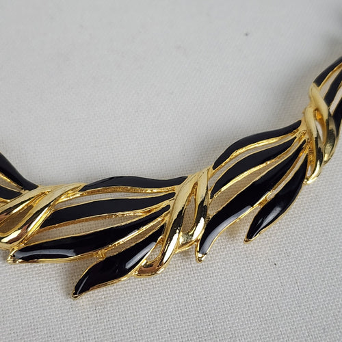 Vintage Gold Tone Black Beaded Collar Necklace