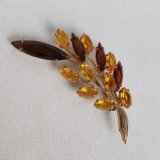 Vintage Brown & Amber Leaf Branch Rhinestone Brooch