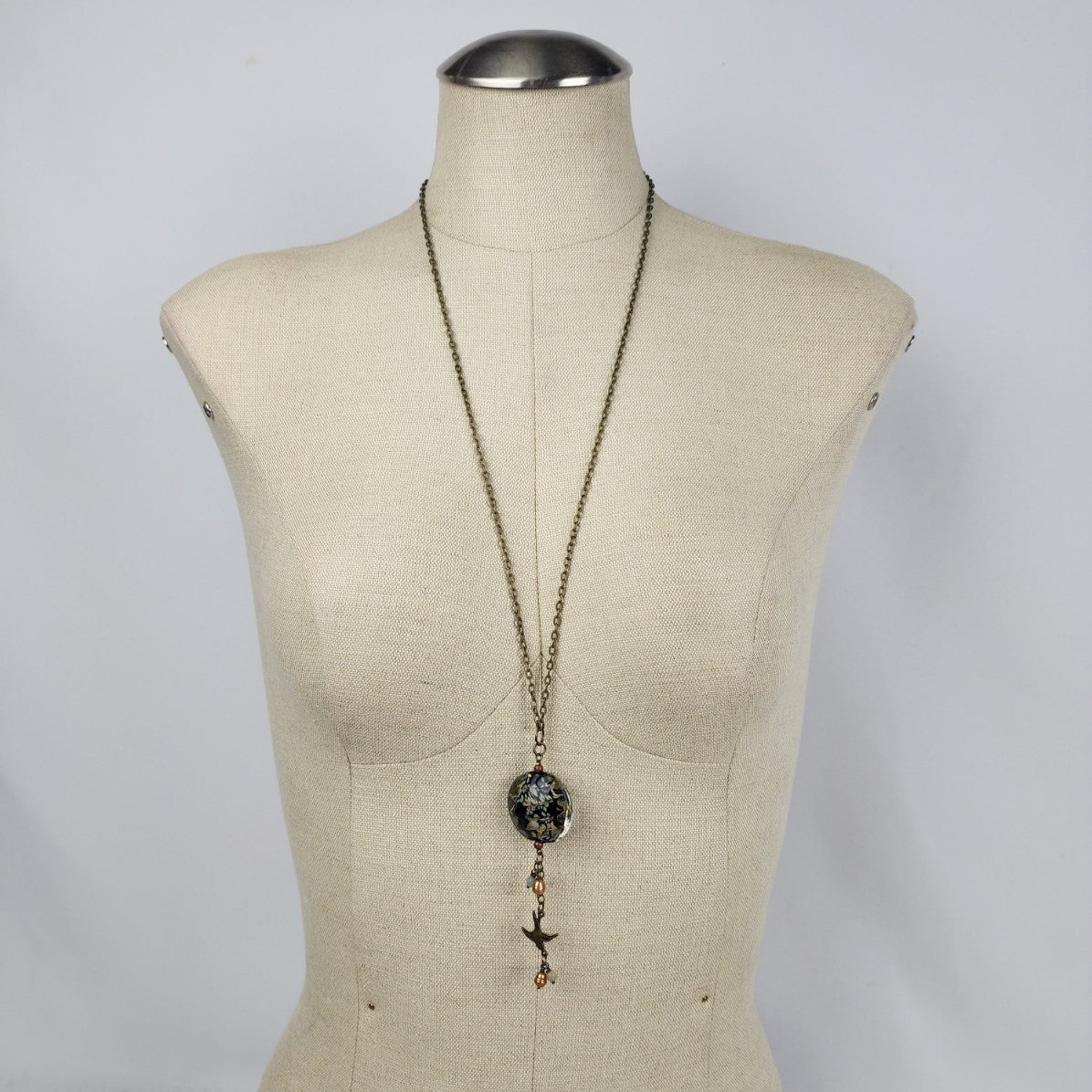 Glass Pendant Bronze Chain Long Necklace