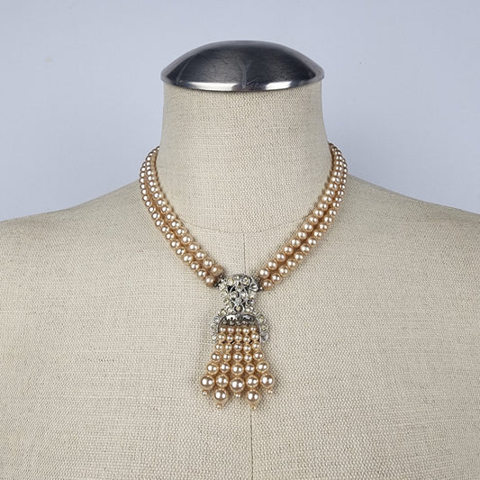 Vintage Cream Glass Faux Pearl Rhinestone Tassel Necklace