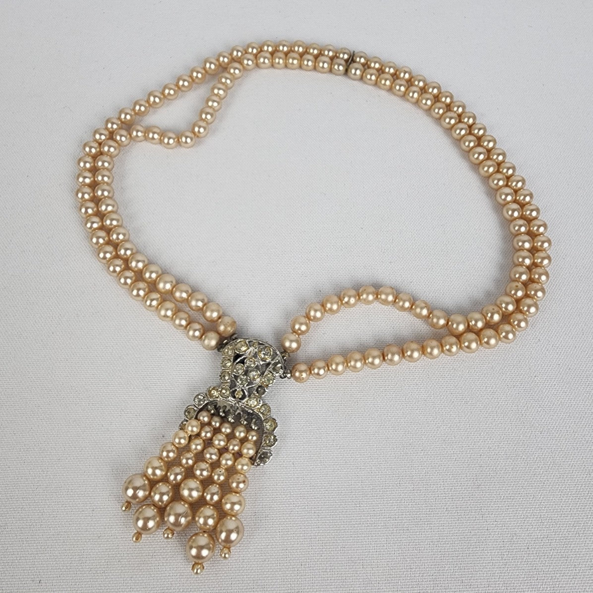 Vintage Cream Glass Faux Pearl Rhinestone Tassel Necklace