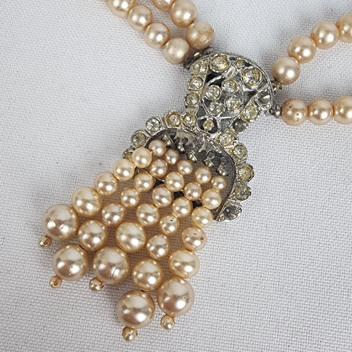 Vintage Cream Glass Faux Pearl Rhinestone Tassel Necklace