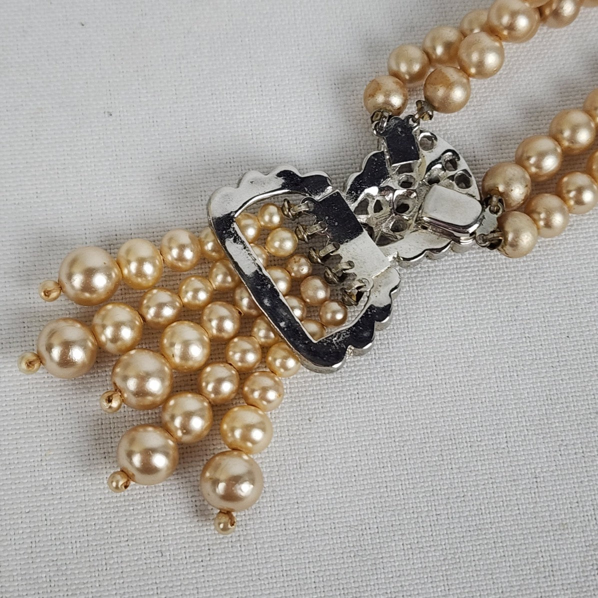 Vintage Cream Glass Faux Pearl Rhinestone Tassel Necklace