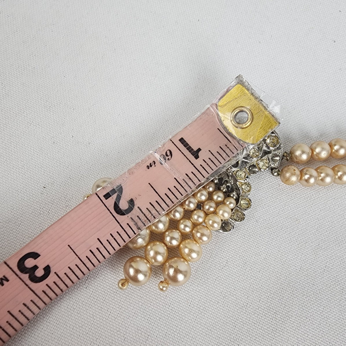 Vintage Cream Glass Faux Pearl Rhinestone Tassel Necklace