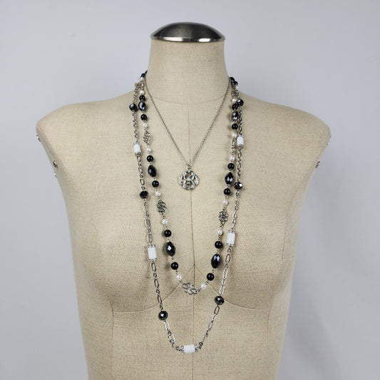 Lia Sophia Black & Silver Layered Chain Beaded Necklace