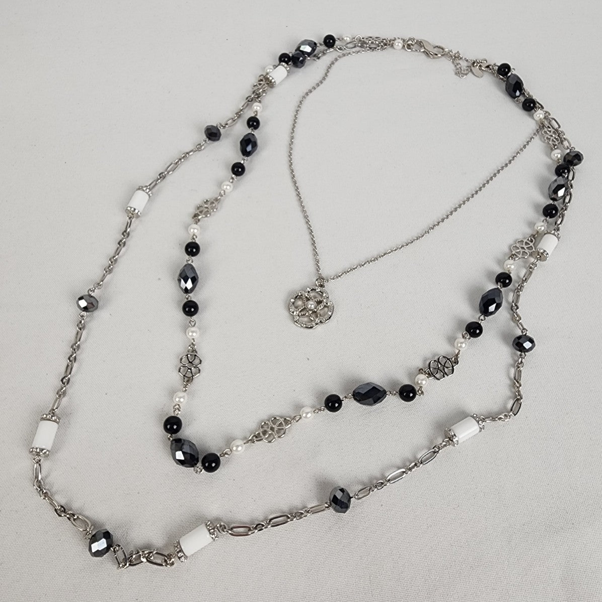 Lia Sophia Black & Silver Layered Chain Beaded Necklace