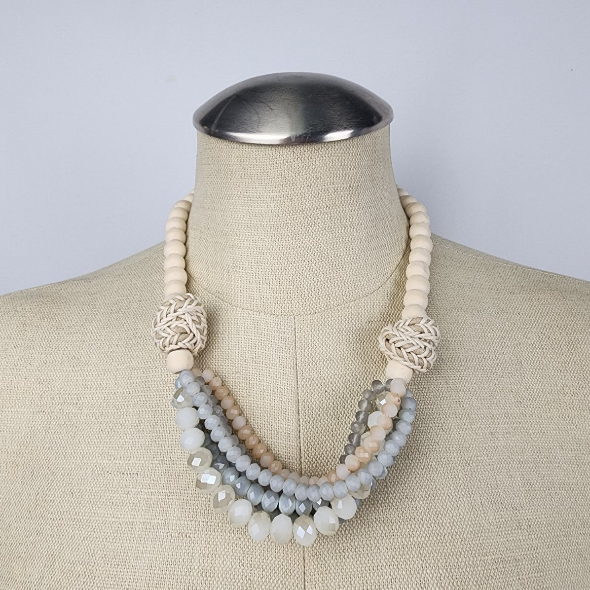 Cream Wood & Grey Glass Beaded Statement Necklace