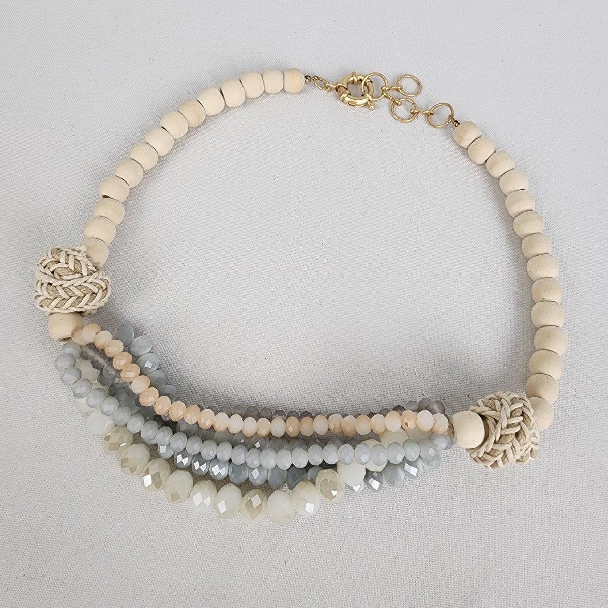 Cream Wood & Grey Glass Beaded Statement Necklace