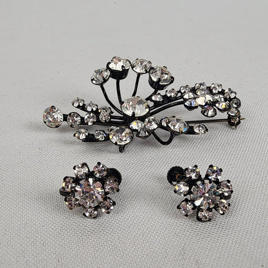 Vintage West Germany Black & Crystal Brooch & Screw Back Earring Set