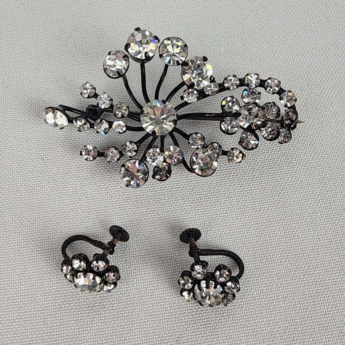 Vintage West Germany Black & Crystal Brooch & Screw Back Earring Set