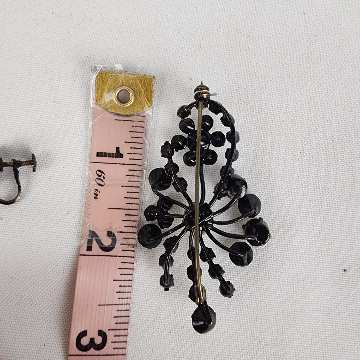 Vintage West Germany Black & Crystal Brooch & Screw Back Earring Set