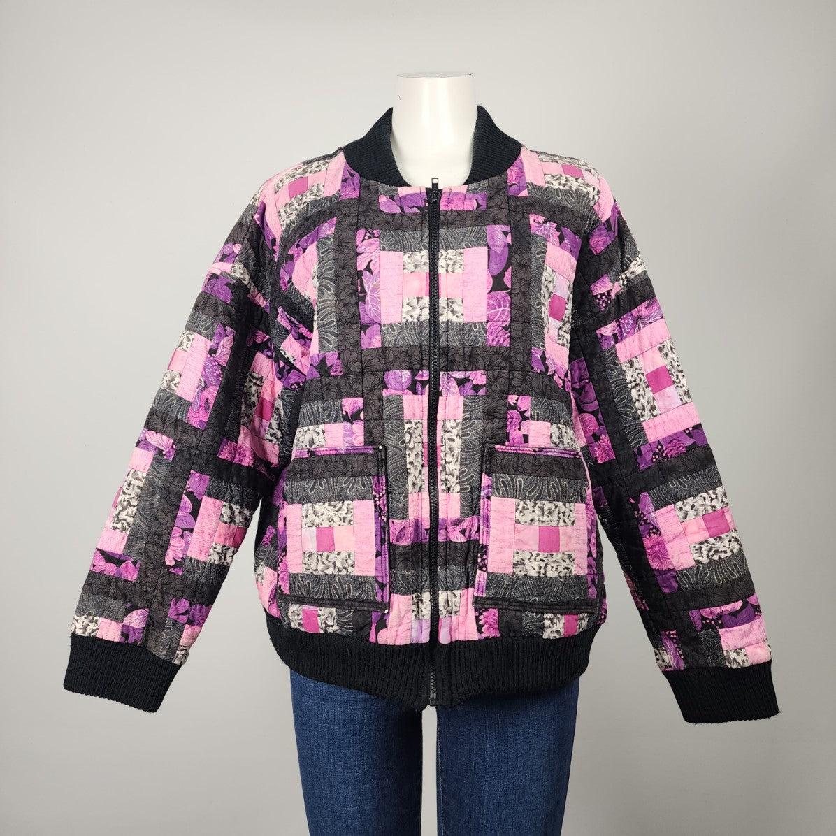 Handmade Pink & Black Quilted Jacket Size L/XL