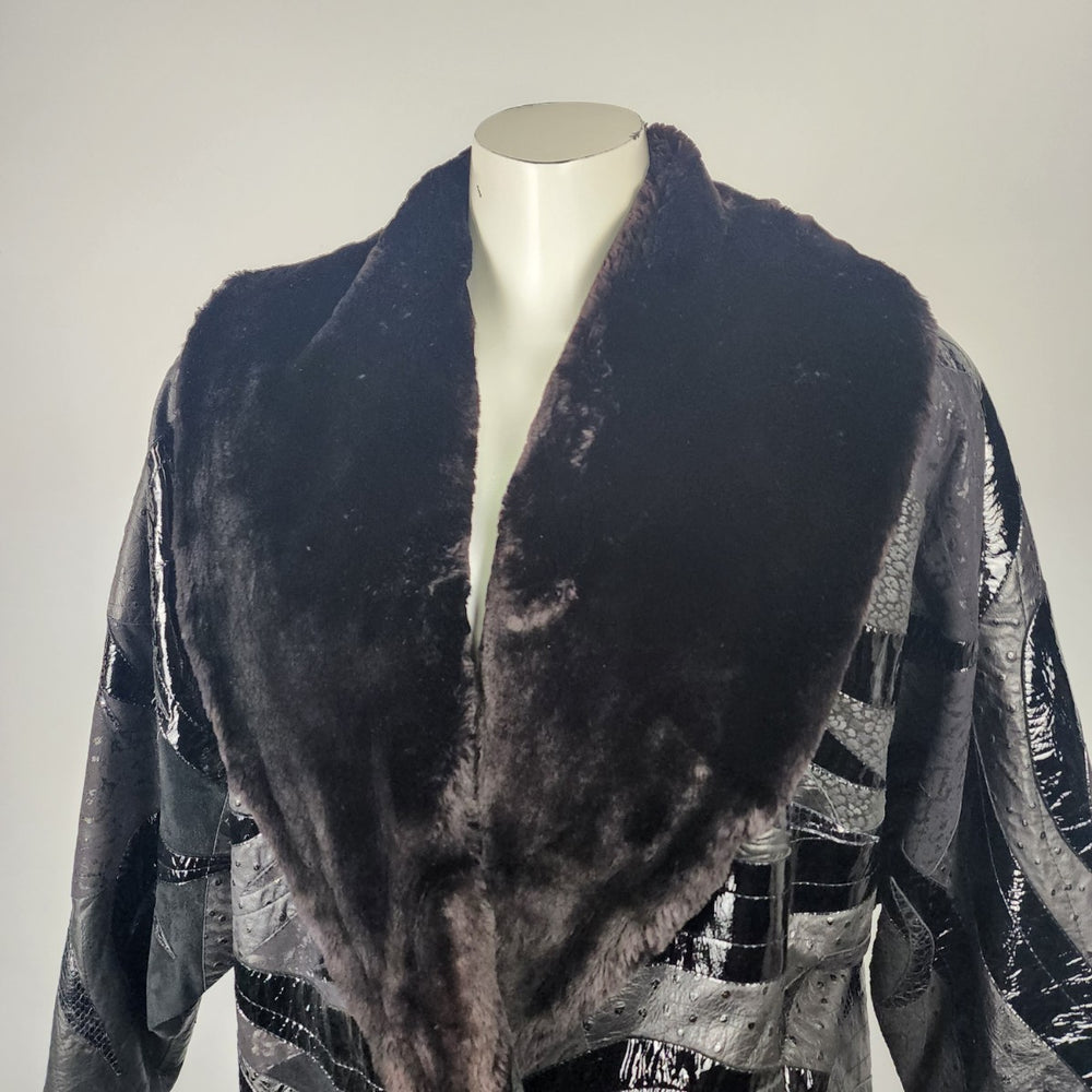 Vintage Leather & Suede Fur Trimmed Patchwork Long Jacket Size M/L