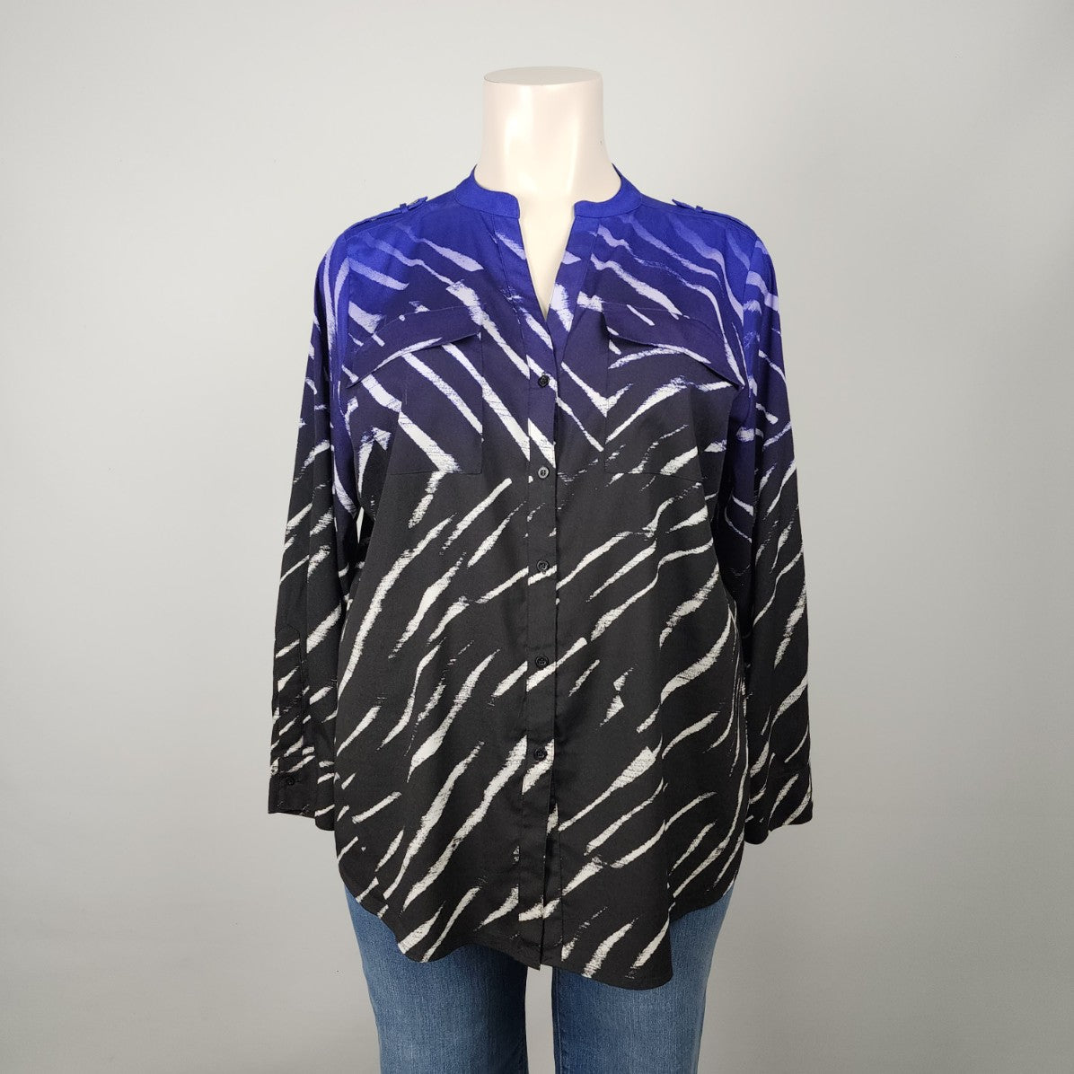 Calvin Klein Blue & Black Button Up Blouse Size XL