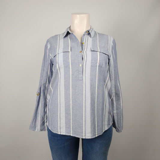 Ellen Tracy Grey Stripped Linen Button Up Blouse Top Size XL