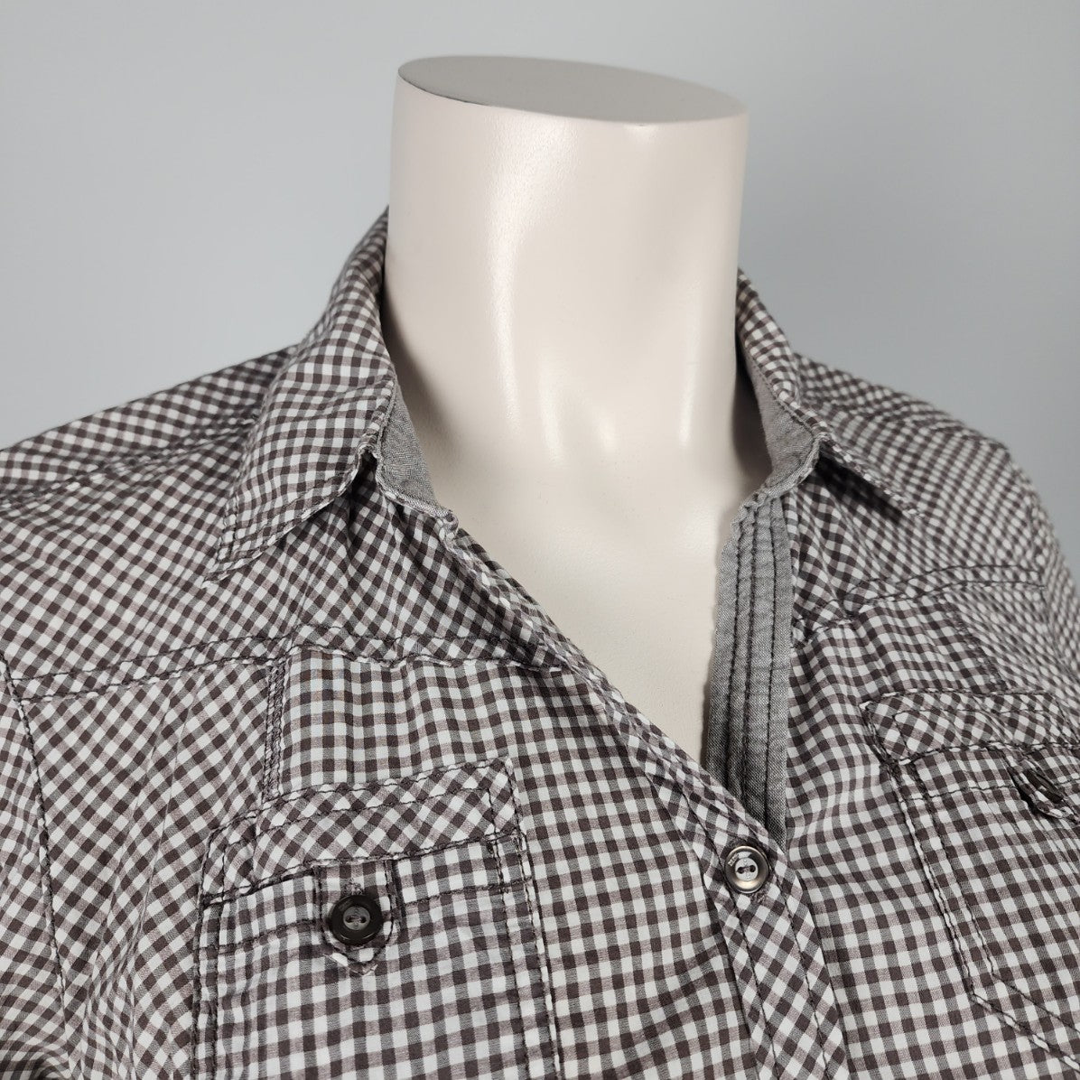 Cecil Grey Brown Gingham Button Up Short Sleeve Top Size XL