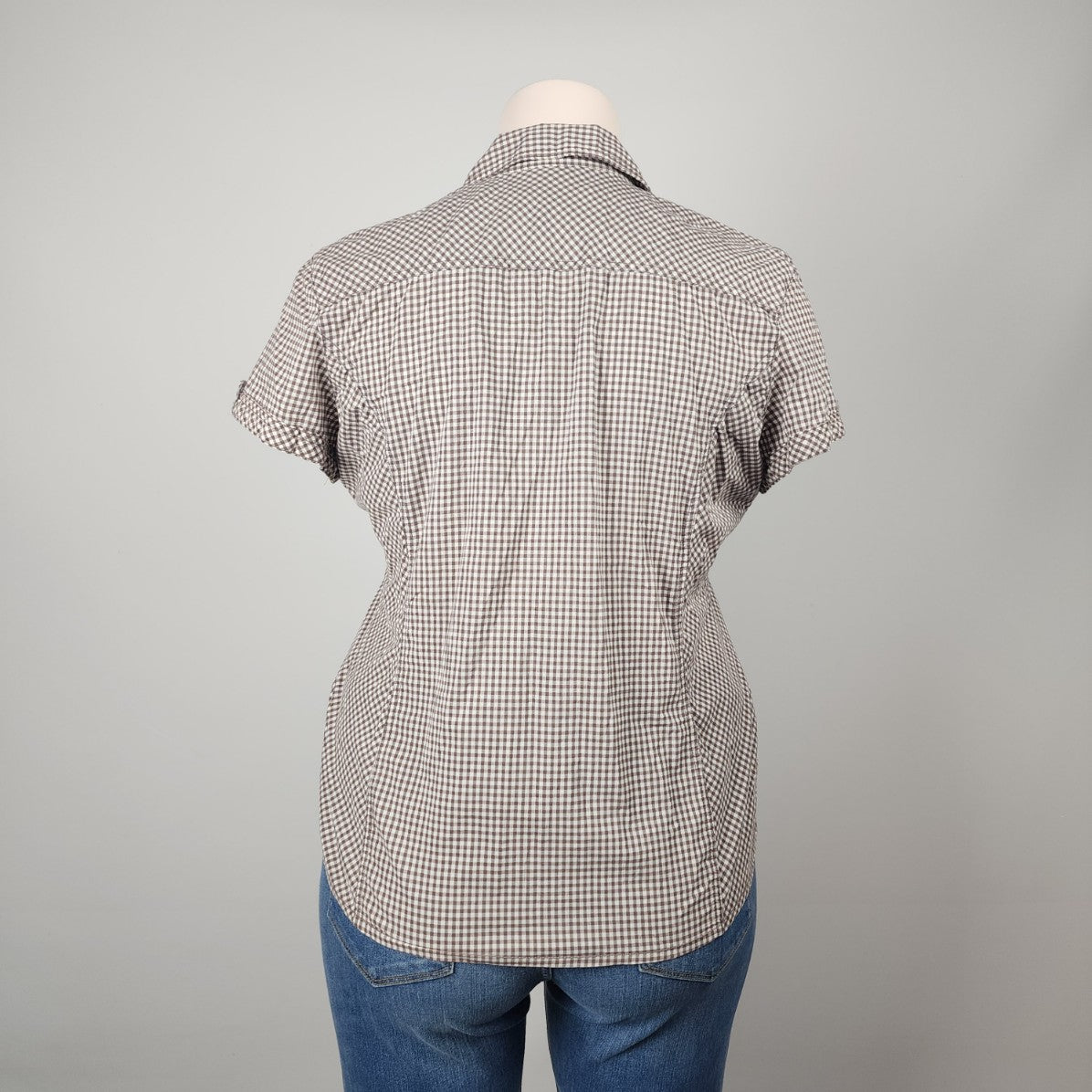 Cecil Grey Brown Gingham Button Up Short Sleeve Top Size XL