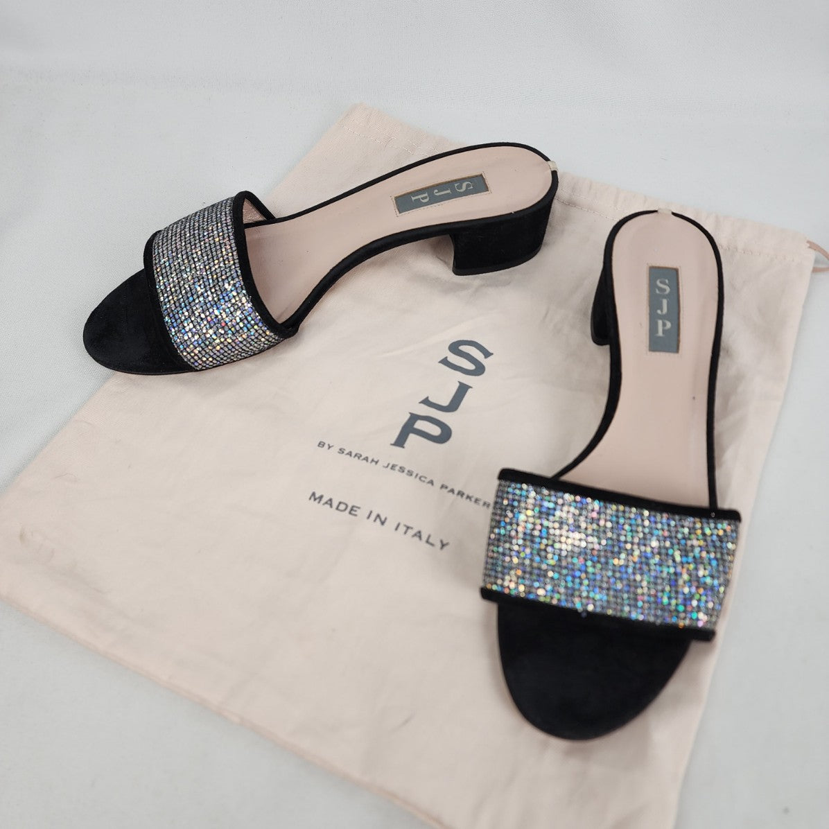 SJP by Sarah Jessica Parker Ease Black Leather Sparkle Block Heel Slide Sandal Size 8.5