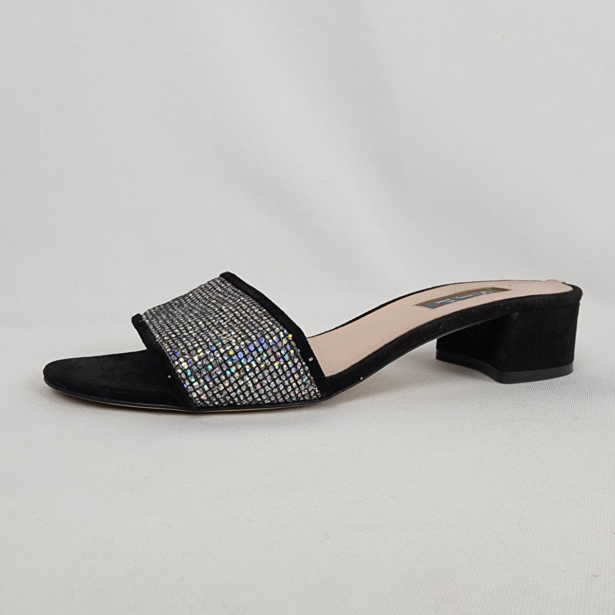 SJP by Sarah Jessica Parker Ease Black Leather Sparkle Block Heel Slide Sandal Size 8.5