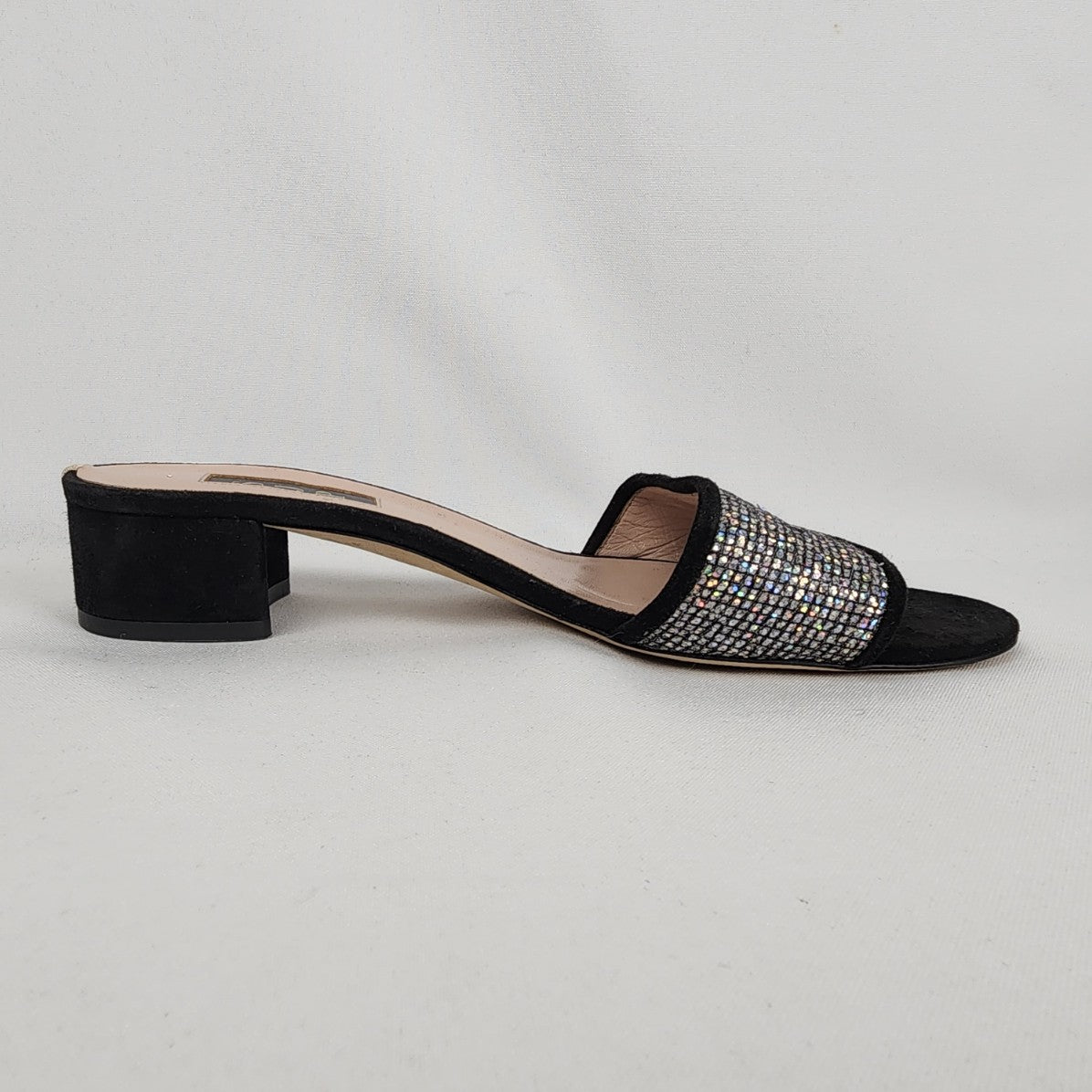 SJP by Sarah Jessica Parker Ease Black Leather Sparkle Block Heel Slide Sandal Size 8.5