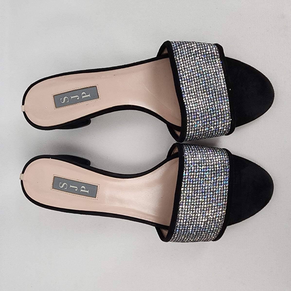 SJP by Sarah Jessica Parker Ease Black Leather Sparkle Block Heel Slide Sandal Size 8.5