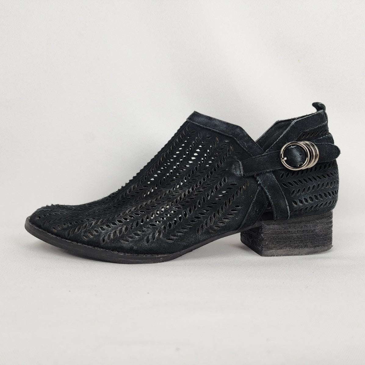 Vince Camuto Black Suede Laser Cut Heeled Booties Size 9