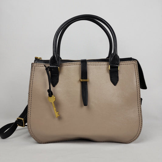 Fossil Ryder Taupe & Black Leather Satchel Purse