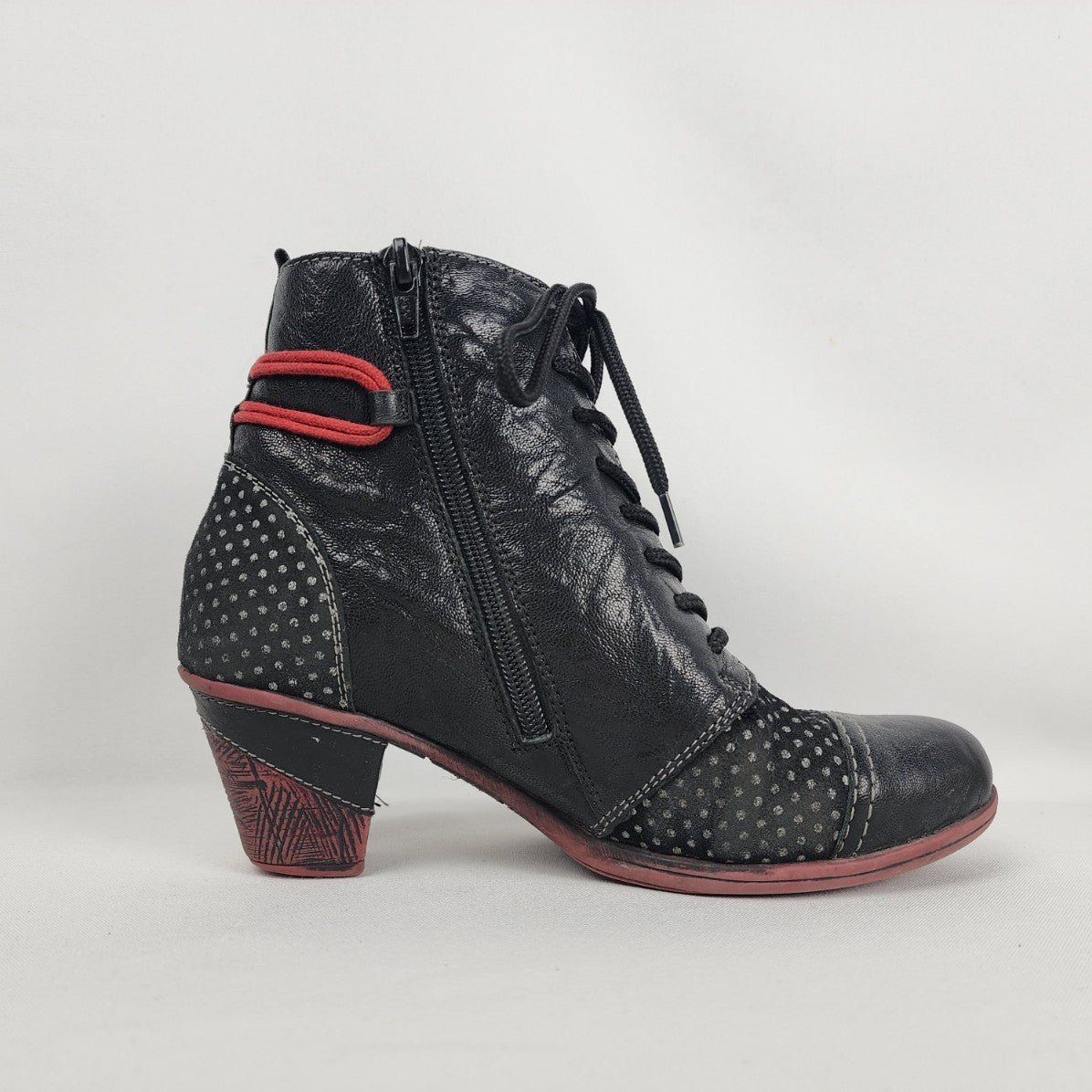 Remonte Annitela Black & Red Leather Lace Up Ankle Boots Size 6