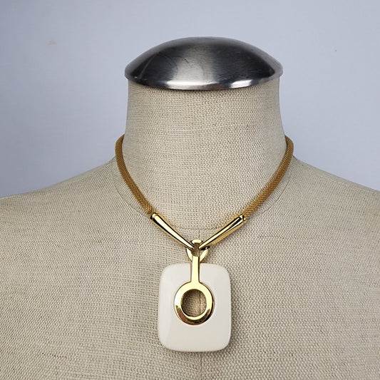 Vintage CROWN TRIFARI Square White & Gold Pendant & Necklace