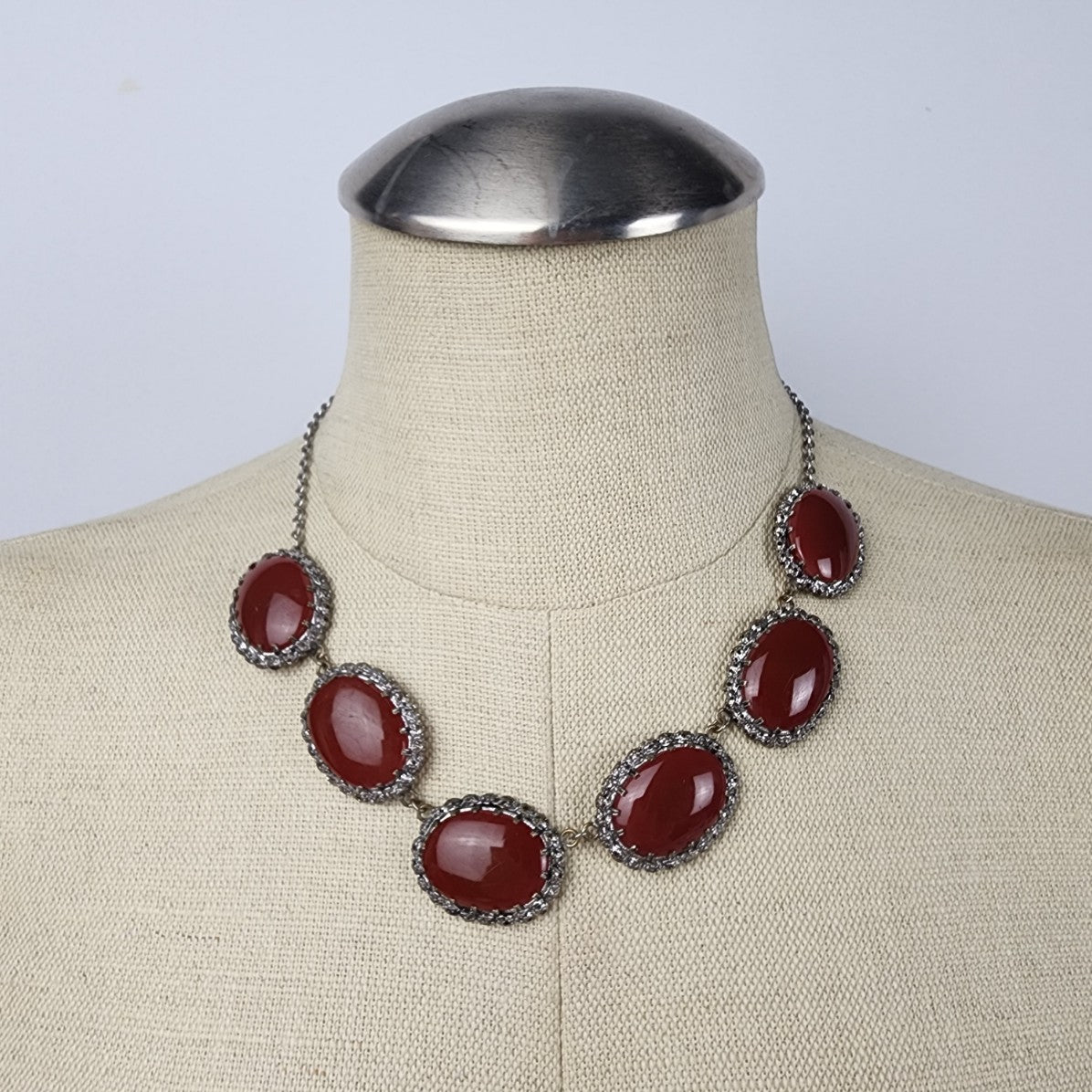 Vintage Red Glass Silver Chain Statement Necklace