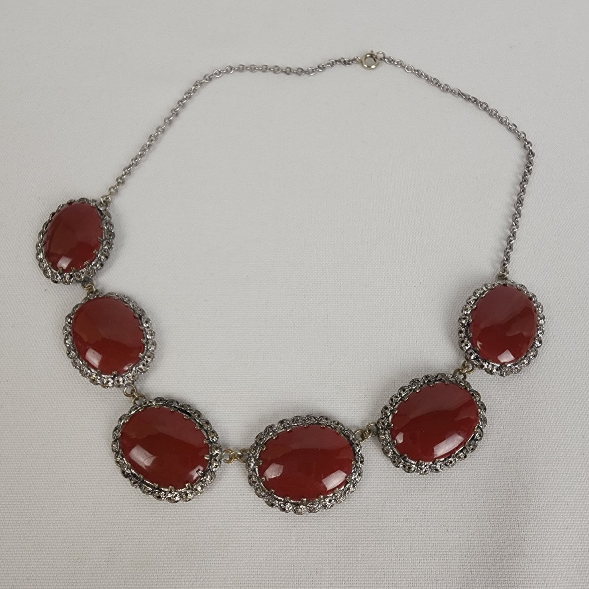 Vintage Red Glass Silver Chain Statement Necklace