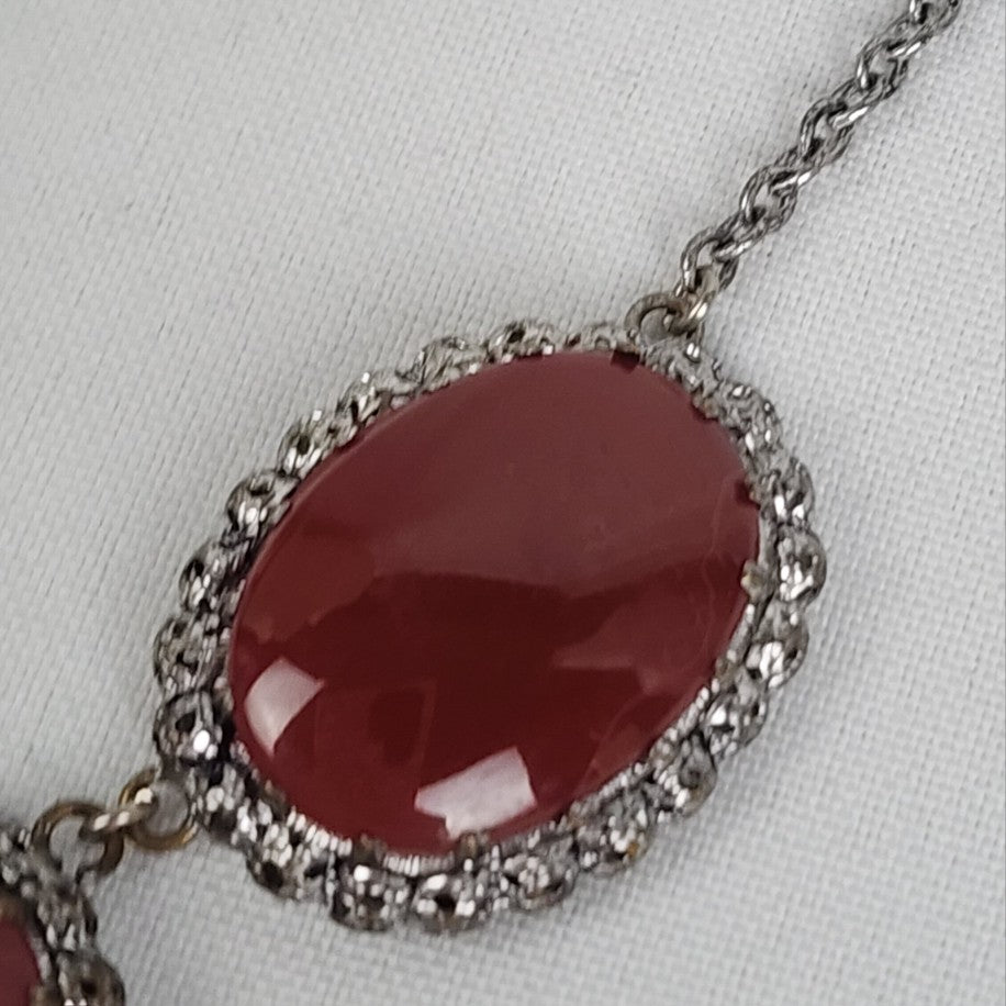 Vintage Red Glass Silver Chain Statement Necklace